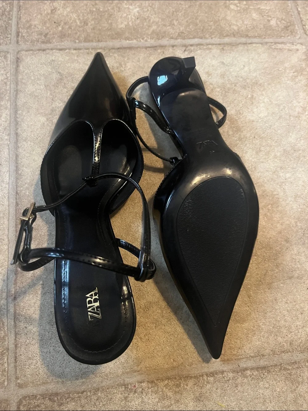ZARA Black Patent Pointed T-Strap Heels Ankle Buckle Professional Office Chic